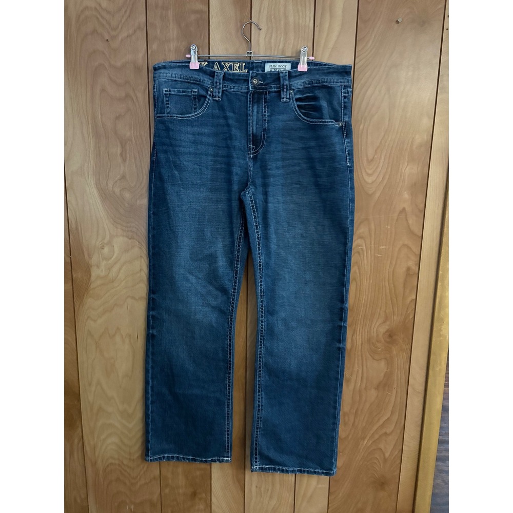 TK Axel Mens Slim Bootcut Jeans Dark Wash Embroidered Pockets 36x32